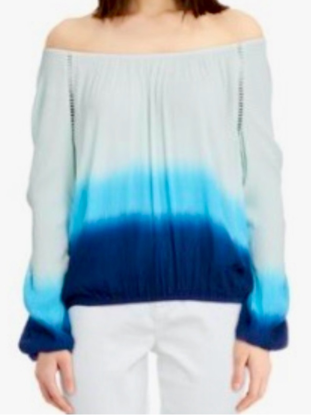 Off Shoulders Mint to Navy Ombre Long-Sleeve Blouse Top